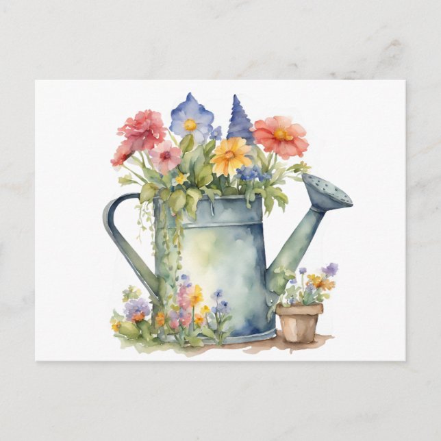 Pastel Watering Can with Garden Flowers Watercolor Postcard (Front)