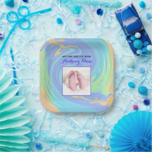 Pastel Welcome First Born With Photo Paper Plate