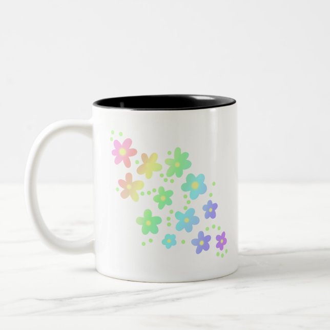 Pastel Whimsical Rainbow Flowers Two-Tone Coffee Mug (Left)