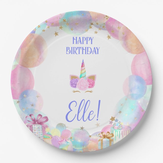 Pastel Whimsical Rainbows Unicorns Birthday  Paper Plate (Front)