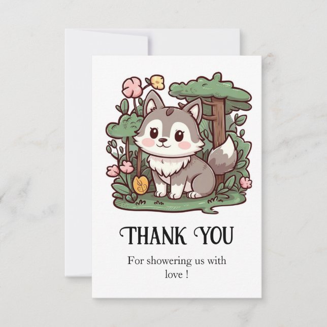 Pastel Whimsical Wolf Baby Shower Thank You Card (Front)