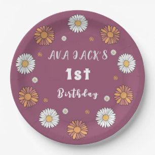 Pastel white and pink orange daisy flowers paper plate