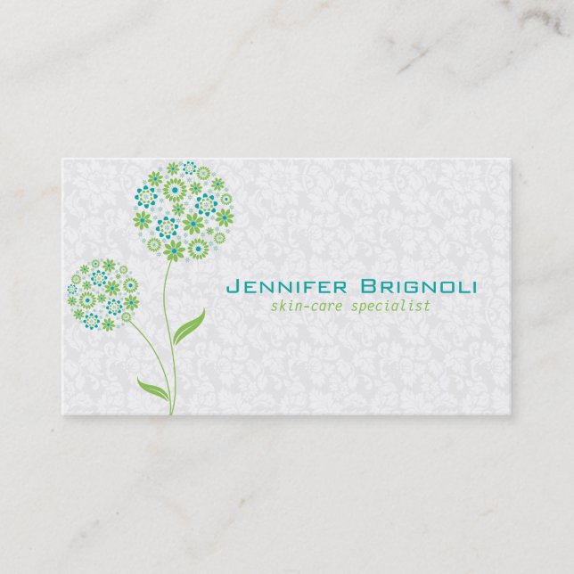 Pastel White Green And Blue Floral Design Business Card (Front)