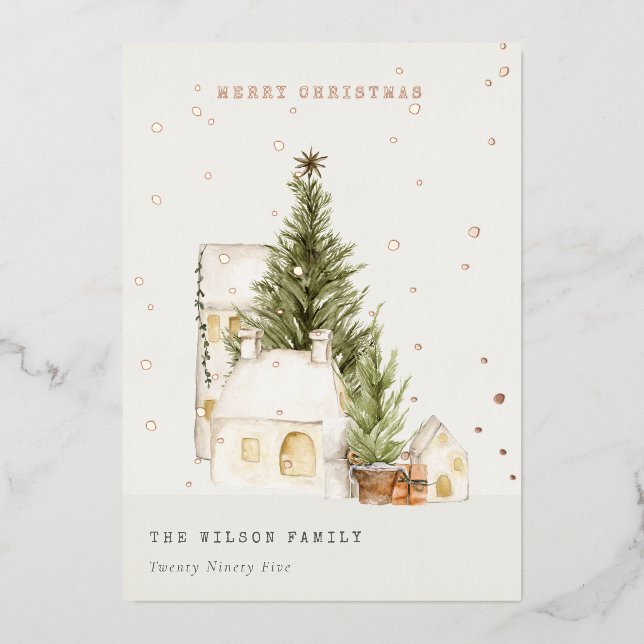 Pastel White Snow Tree Houses Merry Christmas Foil Holiday Card (Front)