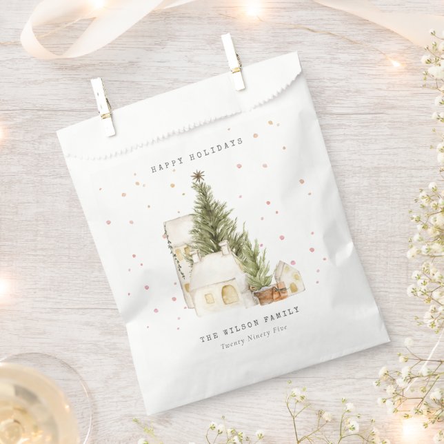 Pastel White Snow Tree Houses Seasons Greetings Favour Bag (Clipped)