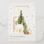 Pastel White Snow Tree Houses Seasons Greetings Foil Holiday Card<br><div class="desc">If you need any further customisation please feel free to message me on yellowfebstudio@gmail.com.</div>