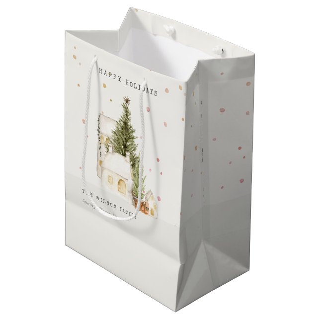 Pastel White Snow Tree Houses Seasons Greetings Medium Gift Bag (Front Angled)