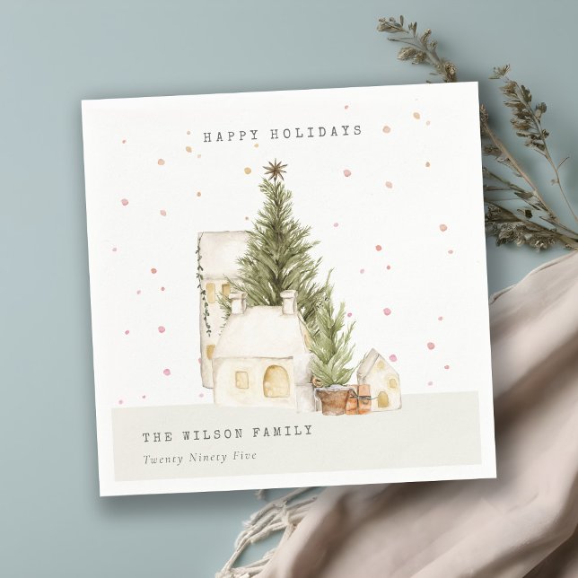 Pastel White Snow Tree Houses Seasons Greetings Napkin (Creator Uploaded)