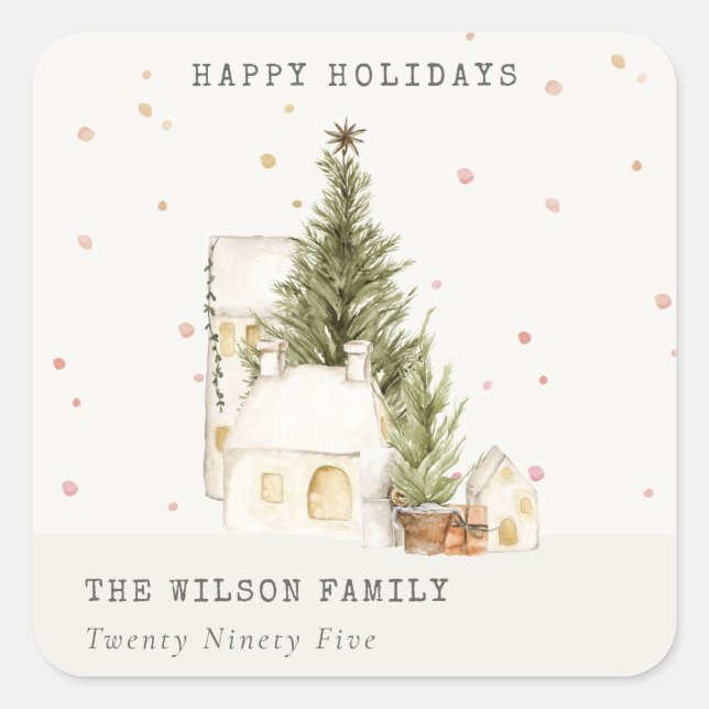 Pastel White Snow Tree Houses Seasons Greetings Square Sticker (Front)