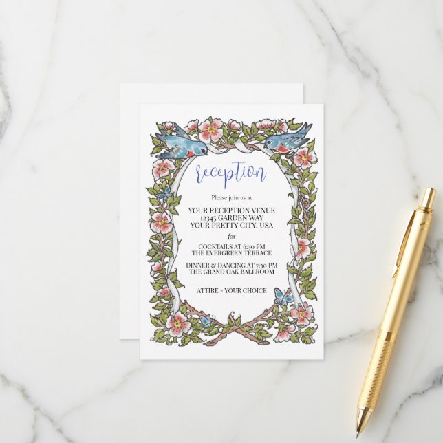 Pastel Wildflower Bird Border Wedding Reception Enclosure Card (Front/Back In Situ)