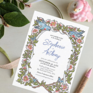Pastel Wildflower Bird Floral Border Boho Wedding Invitation