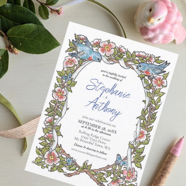 Pastel Wildflower Bird Floral Border Boho Wedding Invitation (Creator Uploaded)