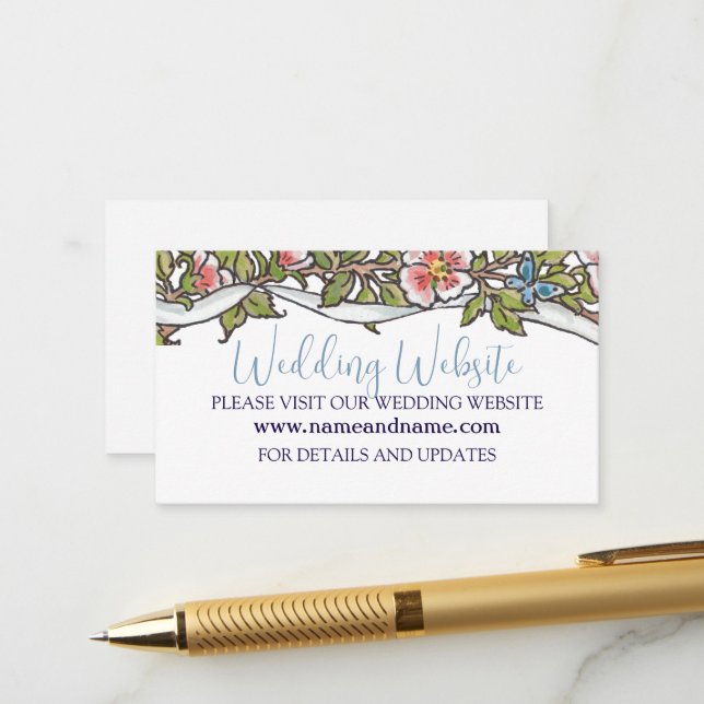 Pastel Wildflower Bird Rose Border Wedding Website Enclosure Card (Front/Back In Situ)