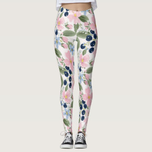Pastel Wildflower & Blueberry Floral Pattern Leggings