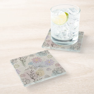Pastel Wildflower Collage – Chic Floral Geometric Glass Coaster