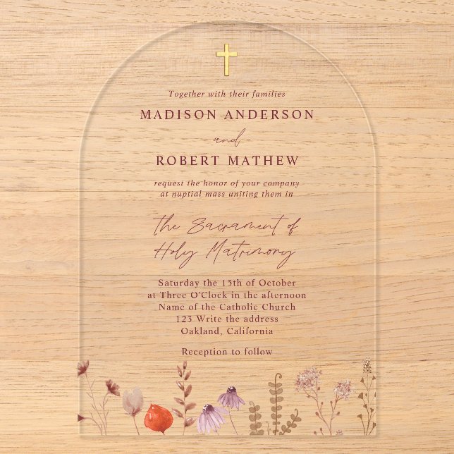 Pastel Wildflower Garden Catholic Wedding Acrylic Invitations (Front)