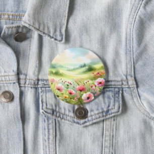 Pastel Wildflower Meadow Landscape 3 Inch Round Button