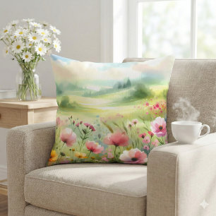 Pastel Wildflower Meadow Landscape Throw Pillow