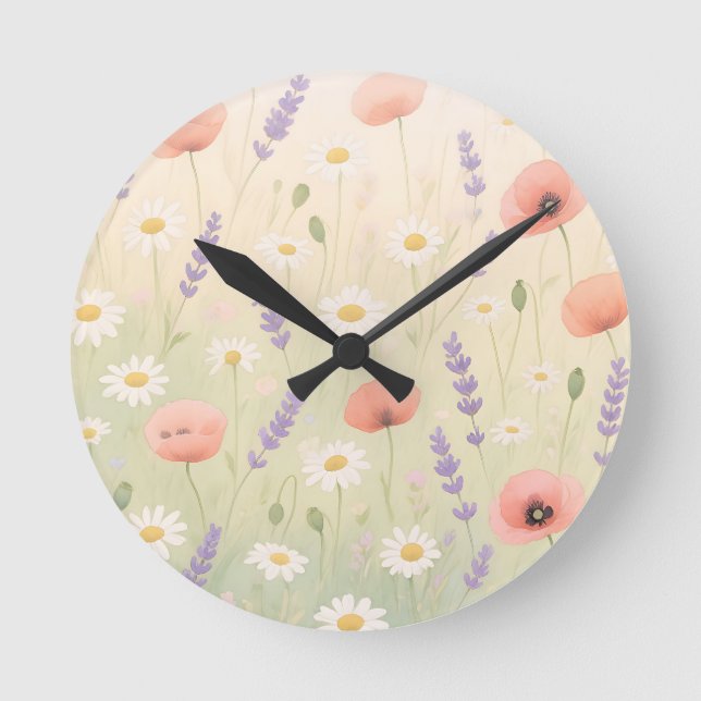 Pastel Wildflower Meadow Soft Bloom Round Clock (Front)