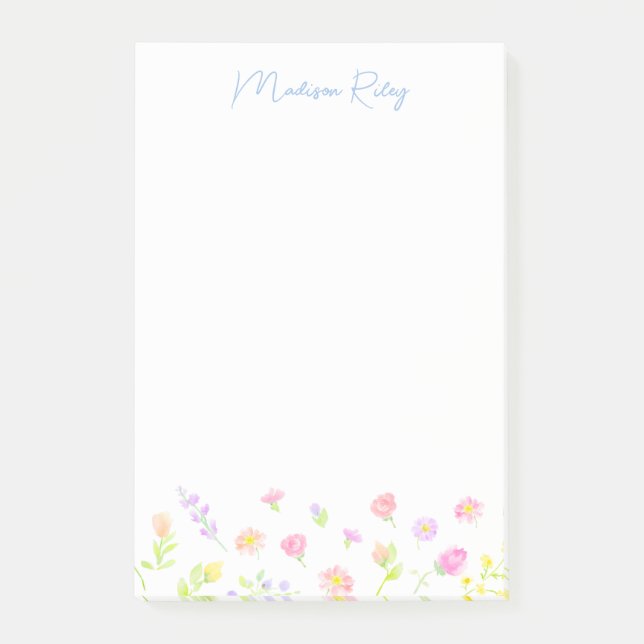 Pastel Wildflower Personalized Blue Post-It Notes (Front)