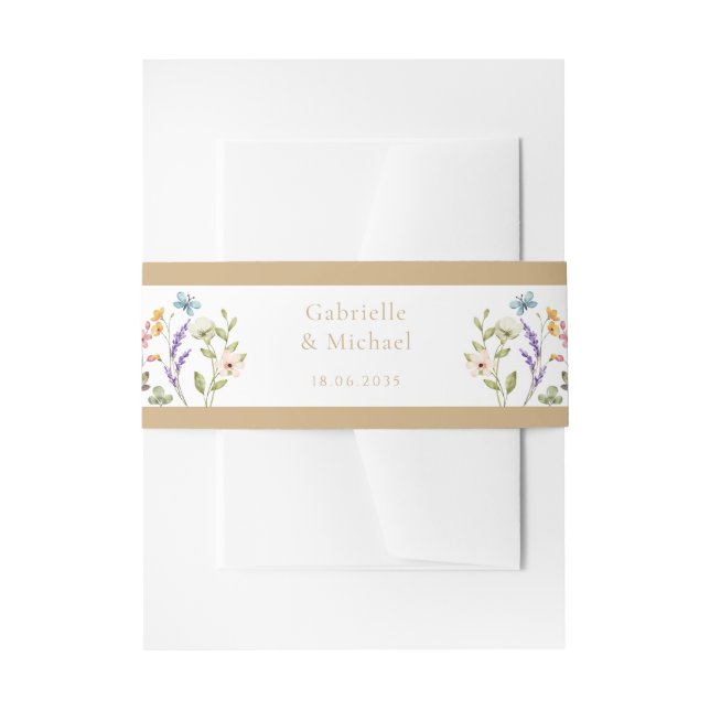 Pastel Wildflower Wedding Beige Border Invitation Belly Band (Front Example)
