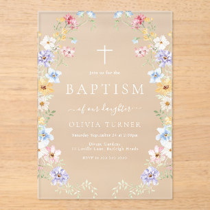 Pastel Wildflower Wreath Modern Baptism Acrylic Invitations