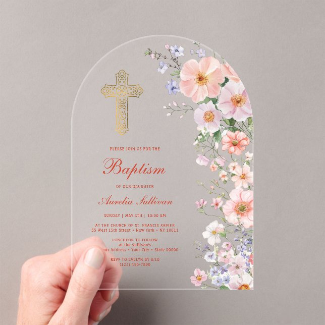Pastel Wildflowers Arch Baptism Acrylic Invitations (Insitu (Handheld))
