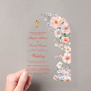 Pastel Wildflowers Arch Religious Wedding Acrylic Invitations