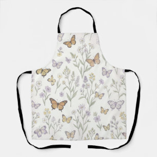 Pastel Wildflowers Butterflies Meadow Botanical  Apron