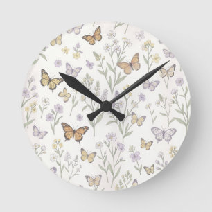 Pastel Wildflowers Butterflies Meadow Botanical Round Clock