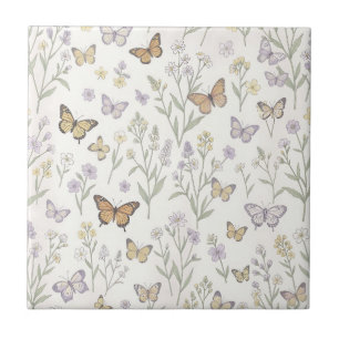 Pastel Wildflowers Butterflies Meadow Botanical  Tile