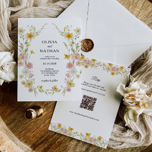 Pastel Wildflowers   QR Code RSVP Floral Wedding Invitation