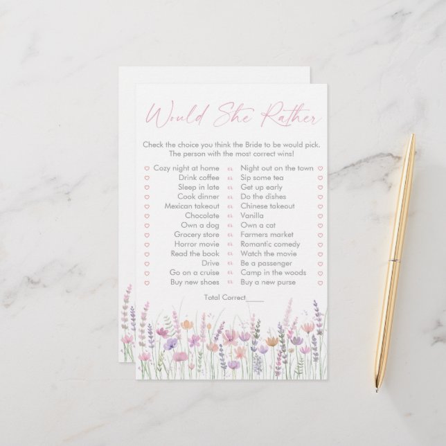 Pastel Wildflowers Would She Rather Bridal Game (Front/Back In Situ)