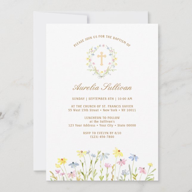 Pastel Wildflowers Wreath Baptism Invitation (Front)