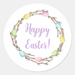 Pastel Willow Wreath Colorful Happy Easter Classic Round Sticker