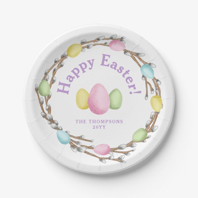 Pastel Willow Wreath Colorful Happy Easter Paper Plate (Front)