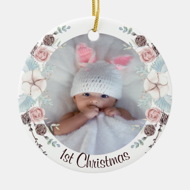 Pastel Winter Floral Babys First Christmas Ceramic Ornament (Front)