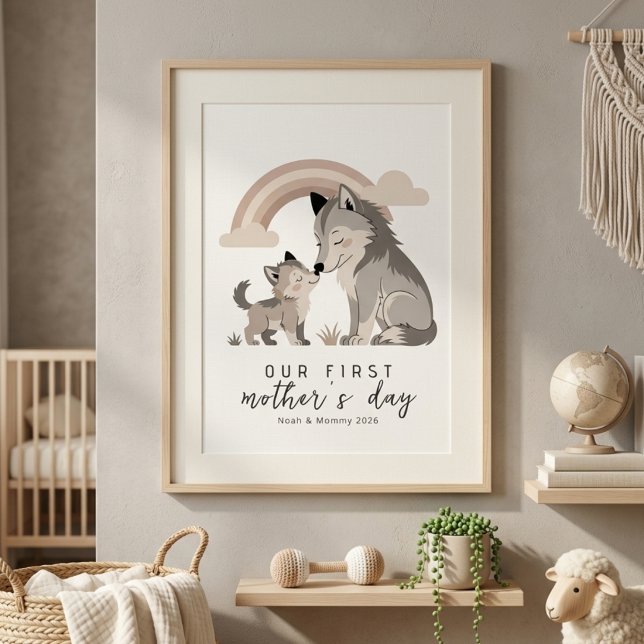 Pastel Wolf Mom Pup First Mother’s Day Nursery  Poster (Creator Uploaded)
