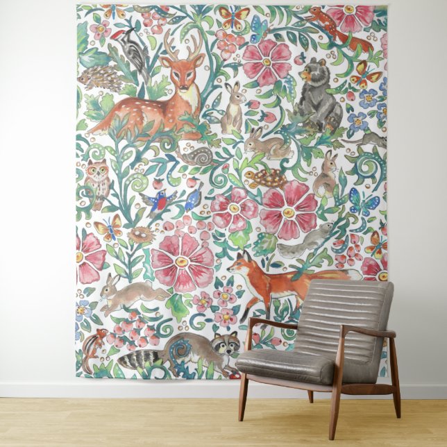 Pastel Woodland Animal Deer Fox Rabbit Large  Tapestry (In Situ)
