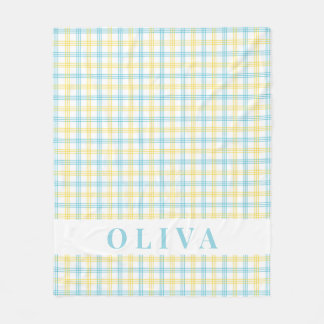 Pastel Yellow Blue Plaid Custom Name Fleece Blanket