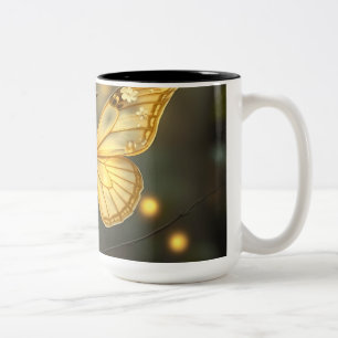 Pastel Yellow Butterfly with Twigs and Flowers Two-Tone Coffee Mug