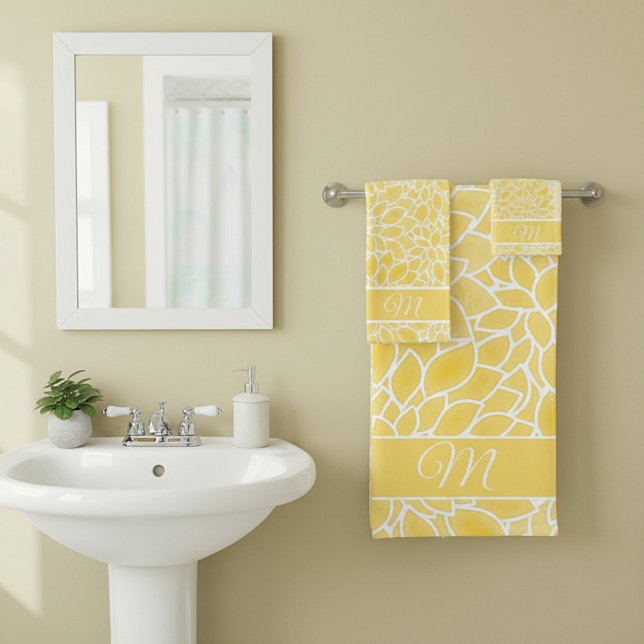 Pastel yellow dahlias monogram bath towel set (Creator Uploaded)