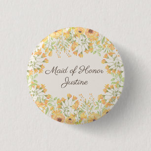 Pastel Yellow Flowers Maid of Honour 1 Inch Round Button