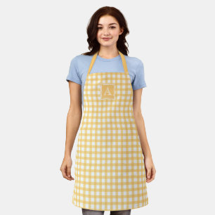 Pastel Yellow Gingham Plaid Tartan Modern Monogram Apron