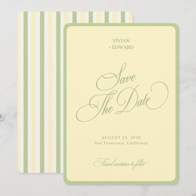 Pastel Yellow Green Stripes Border Retro Wedding Save The Date (Front/Back)