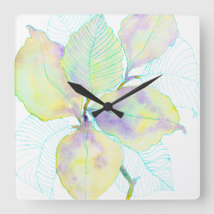 Pastel Yellow Green Watercolor Botanical Leaves Square Wall Clock