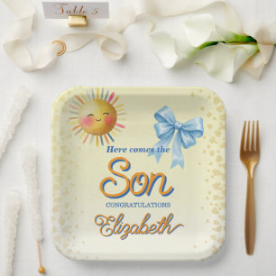 Pastel Yellow Here Comes the Son Boy Baby Shower Paper Plate