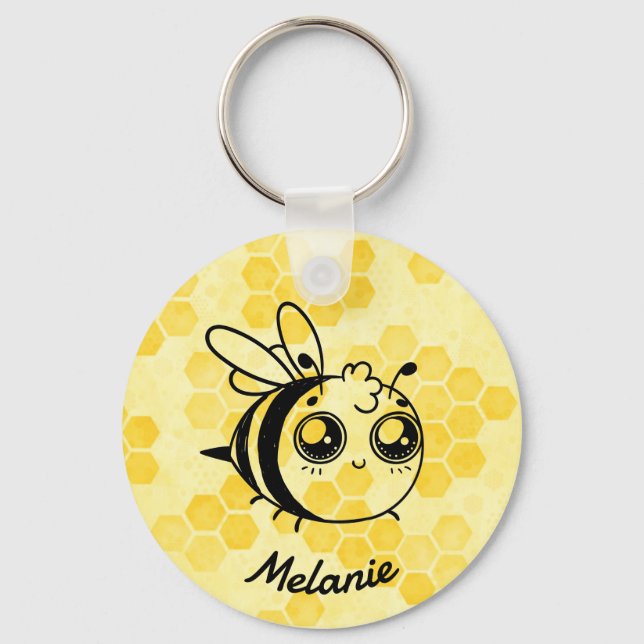Pastel Yellow Honeycomb and Cute Bee Personalised Keychain (Front)