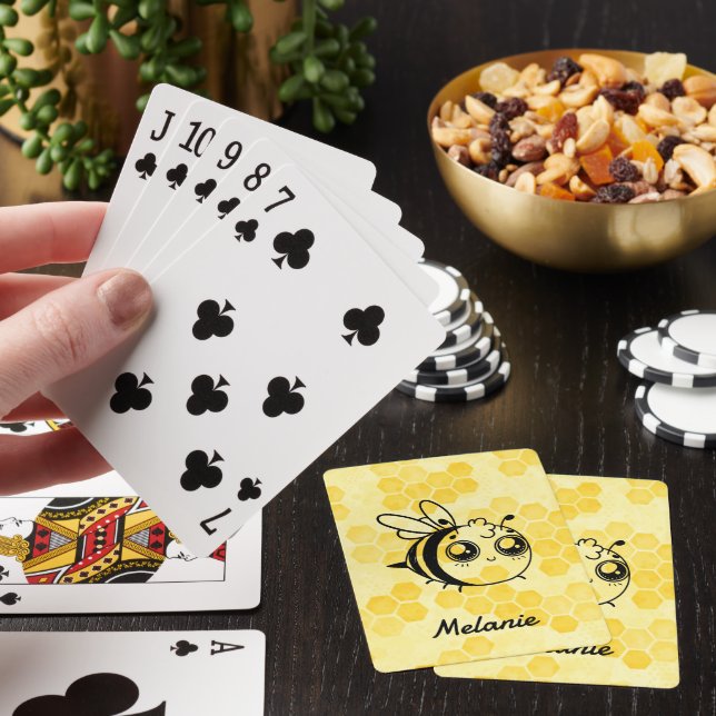 Pastel Yellow Honeycomb Cute Bee Personalised Playing Cards (In Situ)