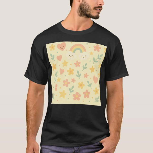 Pastel Yellow Kawaii Pattern  Rainbows Clouds Hear T-Shirt (Front)